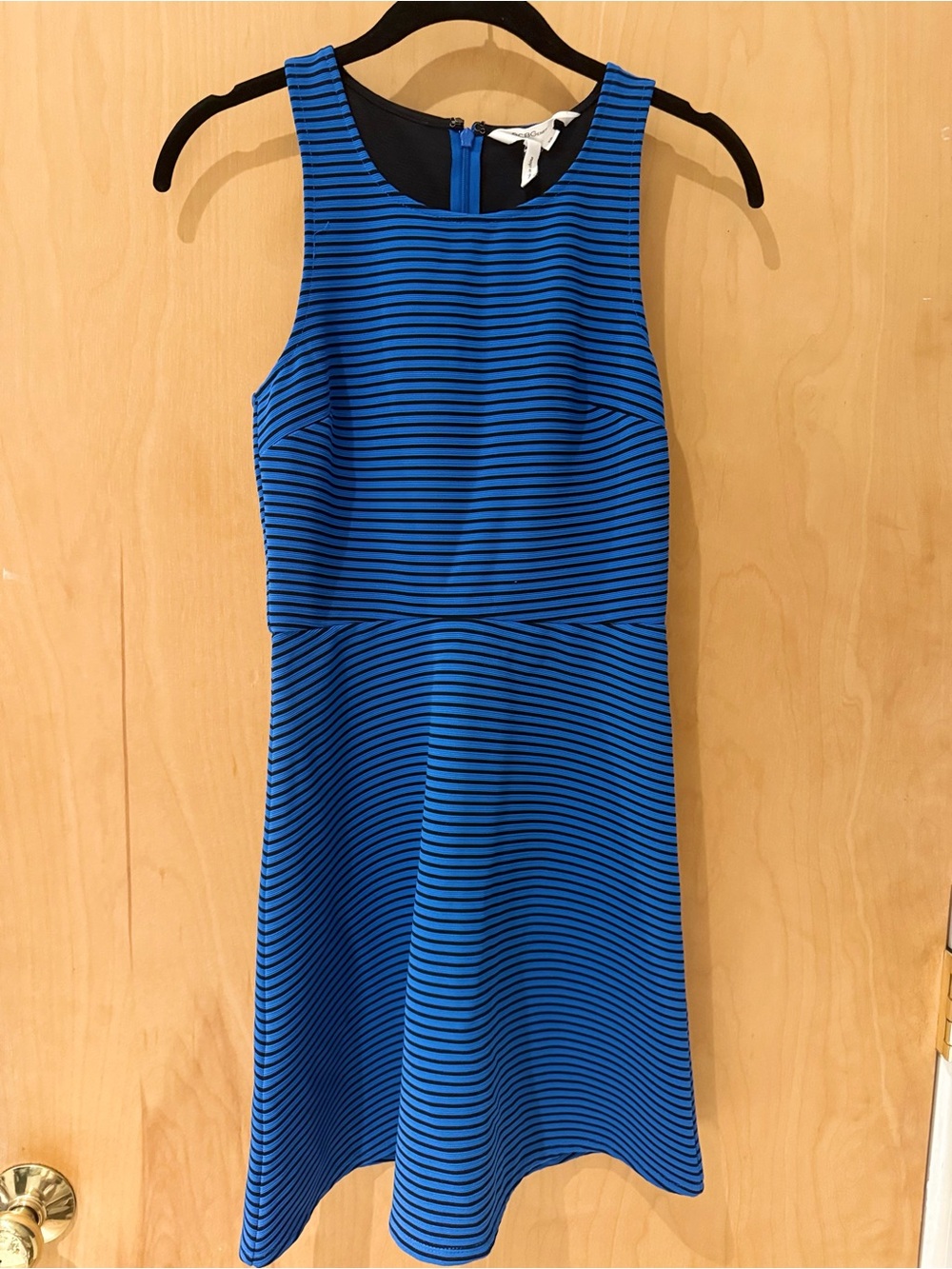 BCBG Royal Blue and Black Striped Sleeveless Fit-and-Flare Dress